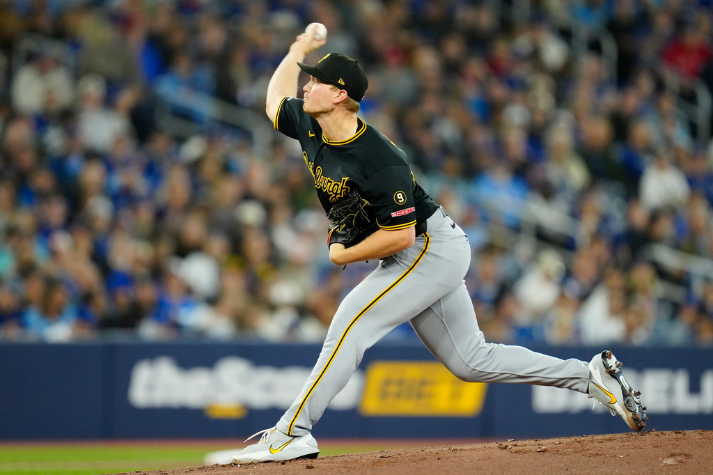 Pittsburgh Pirates pitcher Mitch Keller (23) throws during the first inning of a baseball game against the Toronto Blue Jays in Toronto on Sunday, May 24, 2026. (Frank Gunn /The Canadian Press via AP)