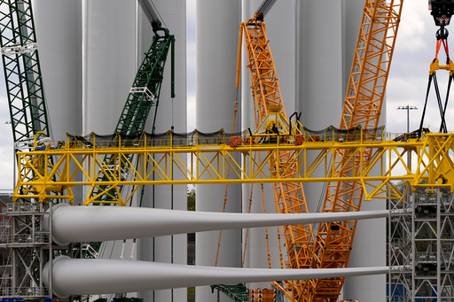 FILE - Wind turbine components sit at New London State Pier, April 16, 2025, in New London, Conn. (AP Photo/Julia Demaree Nikhinson, File) FILE - Wind turbine components sit at New London State Pier, April 16, 2025, in New London, Conn. (AP Photo/Julia Demaree Nikhinson, File)