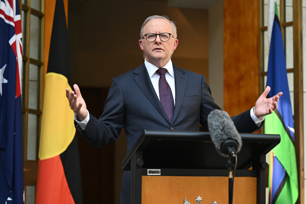 Australian Prime Minister Anthony Albanese speaks to the media during a press conference at Parliament House in Canberra, Australia, Thursday, Jan. 8, 2026. (Lukas Coch/AAP Image via AP)