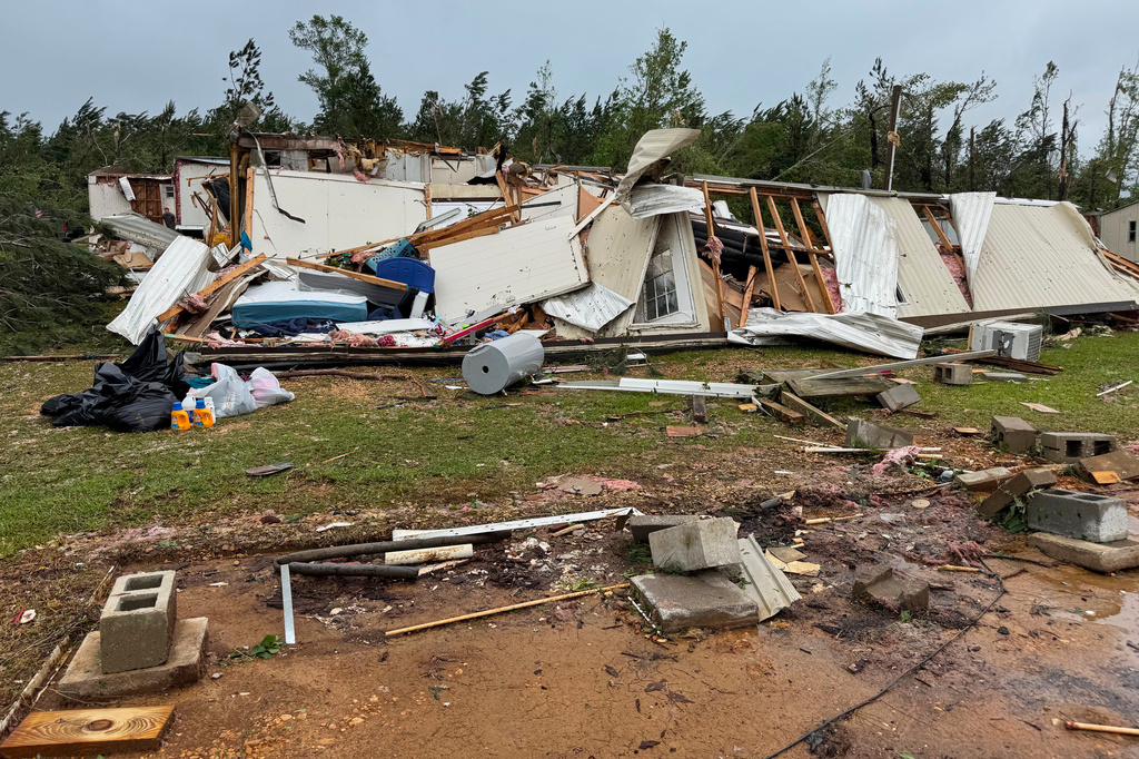 Damage to Gene’s Mobile Home Supply, a trailer park in Bogue Chitto, Miss., is seen Thursday, May, 7, 2026, after a tornado cut across the state. (AP Photo/Jack Brook)