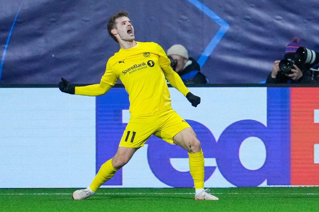 Bodo/Glimt's Ole Didrik Blomberg celebrates after scoring their side's second goal of the game during the Champions League soccer match between Bodo/Glimt and Sporting Lisbon, in Bodo, Norway, Wednesday March 11, 2026. (Fredrik Varfjell/NTB Scanpix via AP)