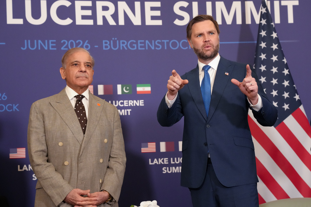 U.S. Vice President JD Vance, right, meets with Pakistan's Prime Minister Shehbaz Sharif, during high-level talks aimed at advancing a deal to end the Middle East conflict, at the Bürgenstock Resort in Obbuergen, near Lucerne, in Switzerland, Sunday, June 21, 2026. (Nathan Howard/Pool Photo via AP)