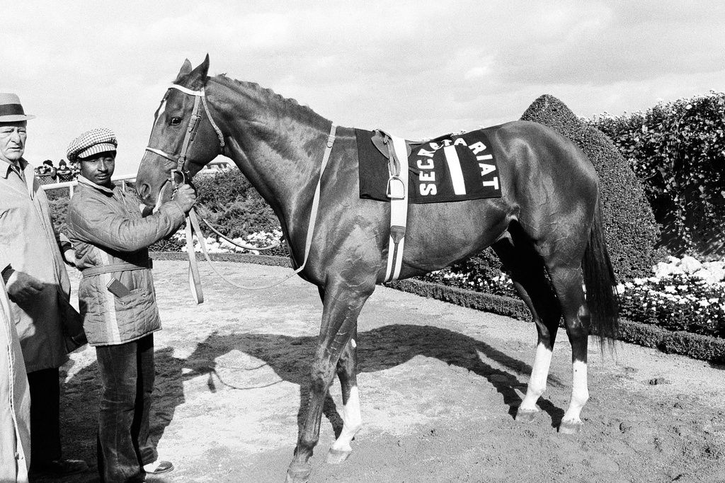 FILE - Groom Eddie Sweat hold Triple Crown winner Secretariat's reins at Aqueduct Rack Track in New York on Nov. 6, 1973. (AP Photo/Dave Pickoff, File)