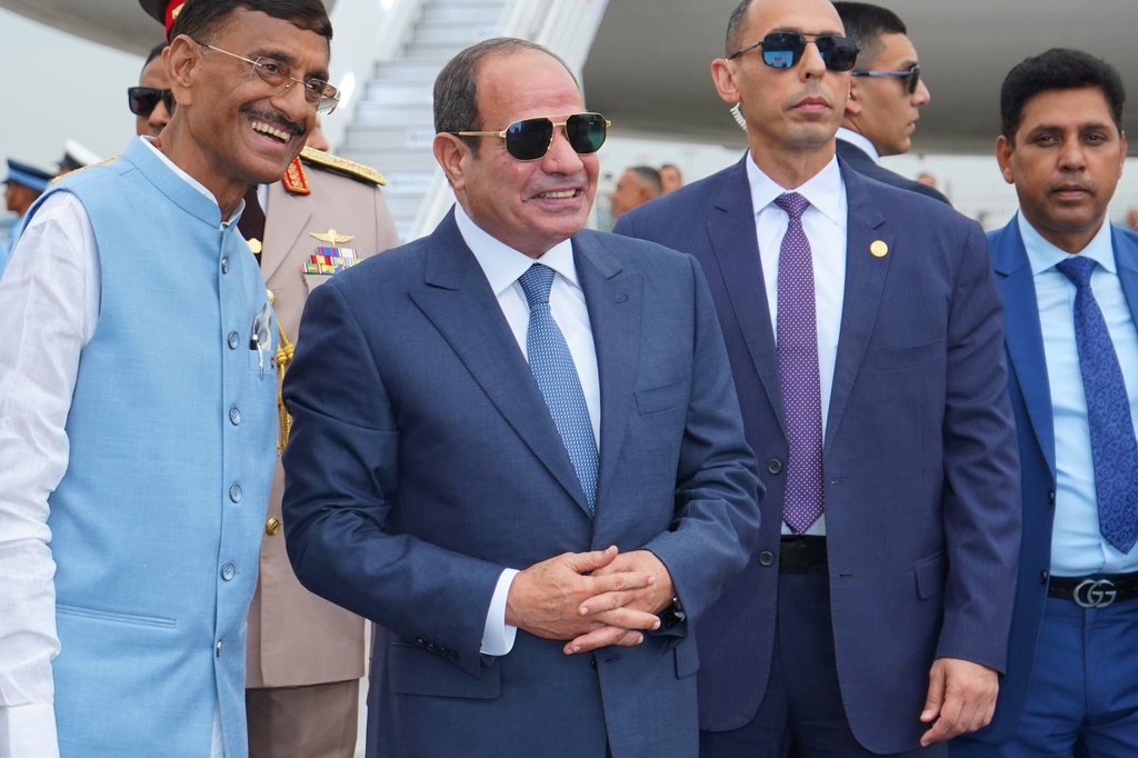 Egyptian President Abdel Fattah el-Sissi, second left, poses for a photograph upon his arrival for the BRICS summit in New Delhi, India, Friday, Sept. 11, 2026. (Indian Foreign Ministry via AP)
