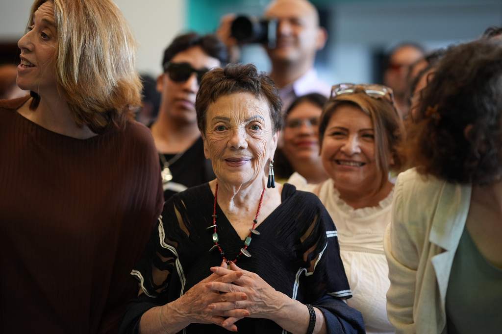 Mexican photographer Graciela Iturbide attends the opening of a retrospective of her work at the Spanish Cultural Center in Guatemala City, Saturday, April 11, 2026. (AP Photo/Moises Castillo)