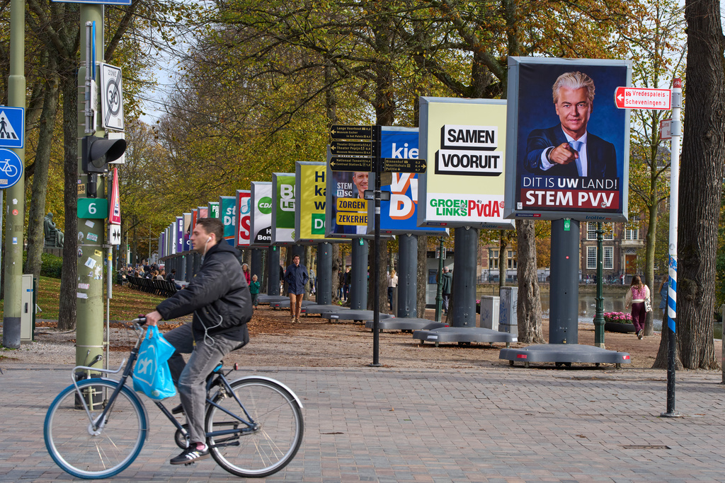 Election billboards of 26 of the 27 political parties participating in the Oct. 29 general elections are lined up in The Hague, Netherlands, Wednesday, Oct. 22, 2025. (AP Photo/Peter Dejong)