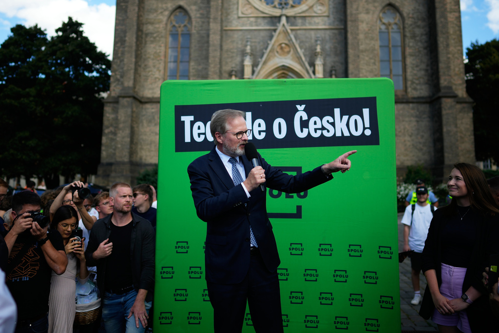 Czech Republic's Prime Minister and leader of coalition of three conservative parties called "Together" Petr Fiala talks to his supporters during a rally ahead of Parliamentary elections in Prague, Czech Republic, Sept. 3, 2025. (AP Photo/Petr David Josek)
