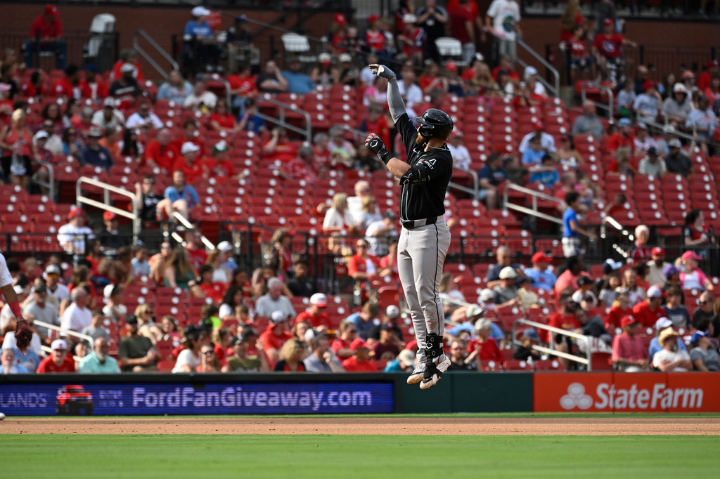 Arizona Diamondbacks' Tyler Locklear celebrates after hitting a two-run home run in the fourth inning of a baseball game against the St. Louis Cardinals, Thursday, July 23, 2026, in St. Louis. (AP Photo/Joe Puetz)
