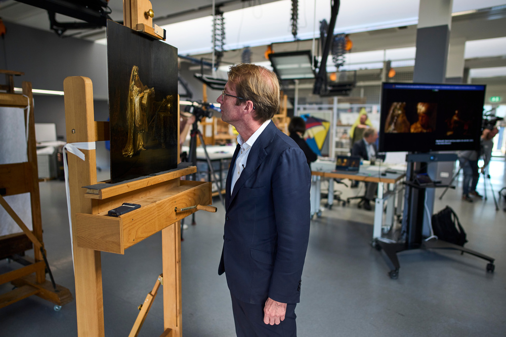 Director Taco Dibbits of the Rijksmuseum unveiled the work "Vision of Zacharias in the Temple" during a press preview in Amsterdam, Netherlands, Monday, March 2, 2026 and said two years of analysis has confirmed it was painted by Rembrandt. (AP Photo/Peter Dejong)