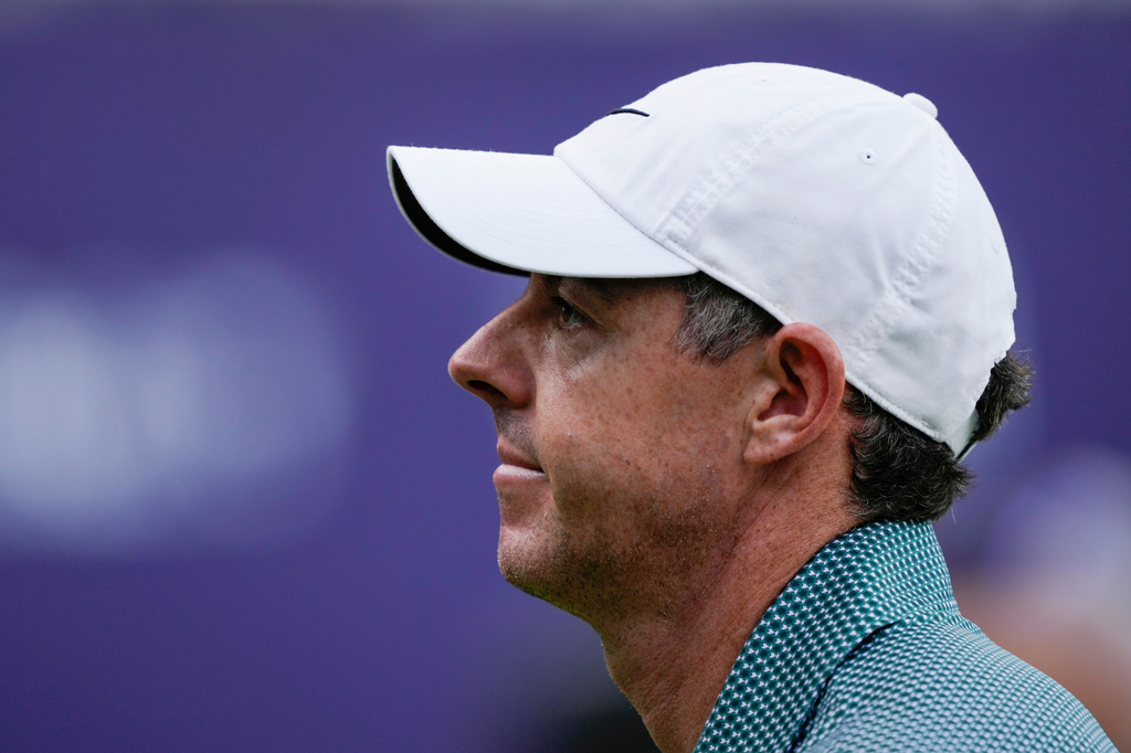 Rory McIlroy, of Northern Ireland, reacts to missing his eagle putt on the 15th green during third round of the Truist Championship golf tournament at the Quail Hollow Club, Saturday, May 9, 2026, in Charlotte, N.C. (AP Photo/Chris Carlson)