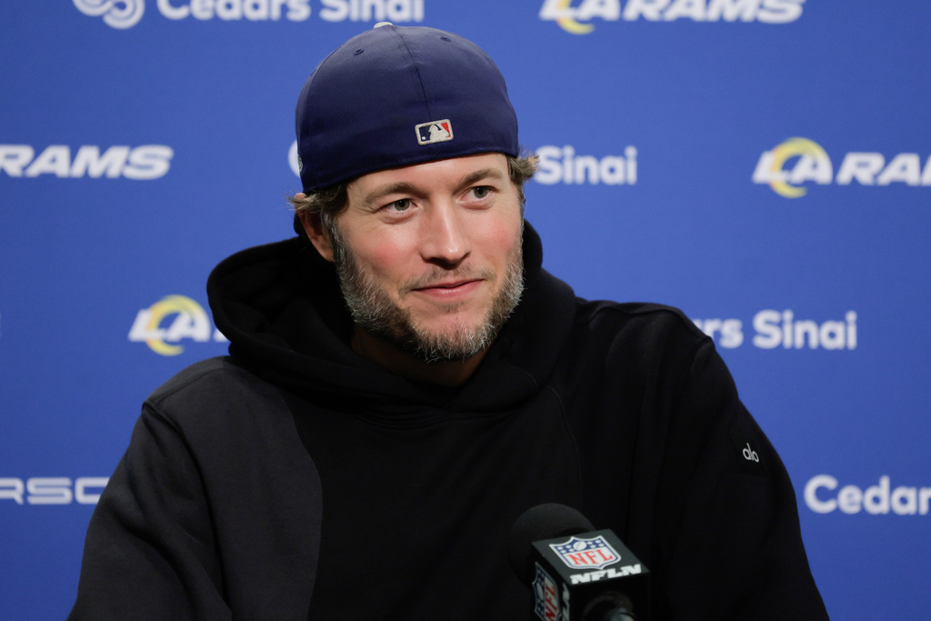Los Angeles Rams quarterback Matthew Stafford speaks during a news conference after an NFL football game against the Seattle Seahawks, Thursday, Dec. 18, 2025, in Seattle. (AP Photo/John Froschauer)
