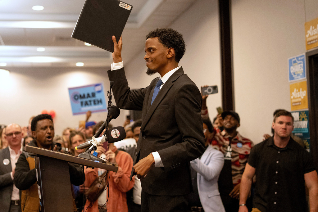 Minneapolis mayoral candidate Omar Fateh speaks during his election watch party at Marriott Hotel in Severn Corners in Minneapolis, Tuesday, Nov. 4, 2025. (Jerry Holt/Star Tribune via AP)