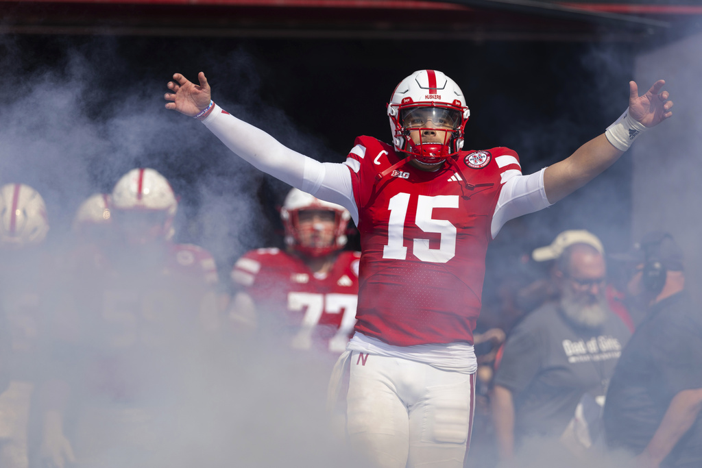 Nebraska's Dasan McCullough runs out of the tunnel before an NCAA college football game against Michigan, Saturday, Sept. 20, 2025, in Lincoln, Neb. (AP Photo/Rebecca S. Gratz)