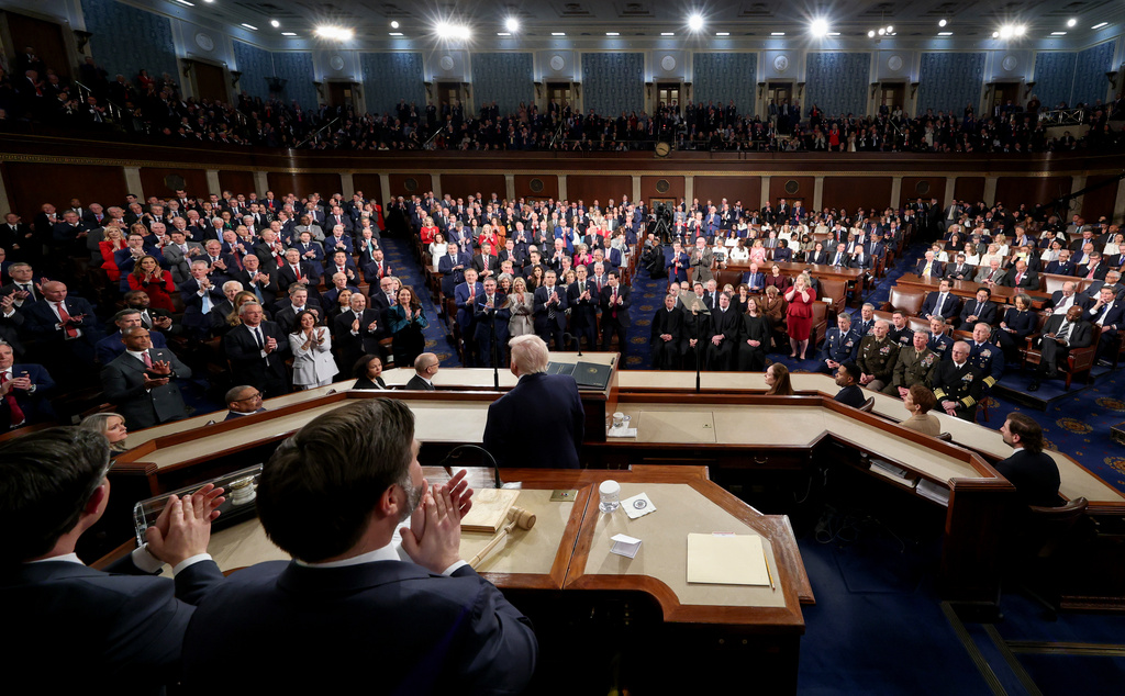 President Donald Trump delivers the State of the Union address to a joint session of Congress in the House chamber at the U.S. Capitol in Washington, Tuesday, Feb. 24, 2026. (Jessica Koscielniak/Pool Photo via AP)