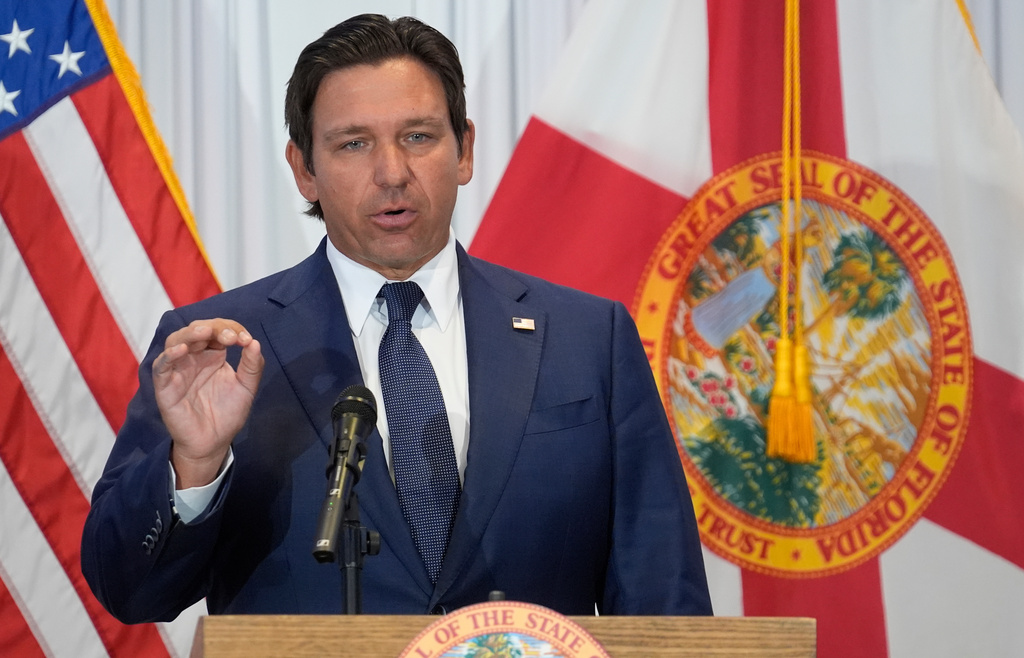 FILE - Florida Gov. Ron DeSantis during a news conference Tuesday, Aug. 12, 2025, in Tampa, Fla. (AP Photo/Chris O'Meara, File)