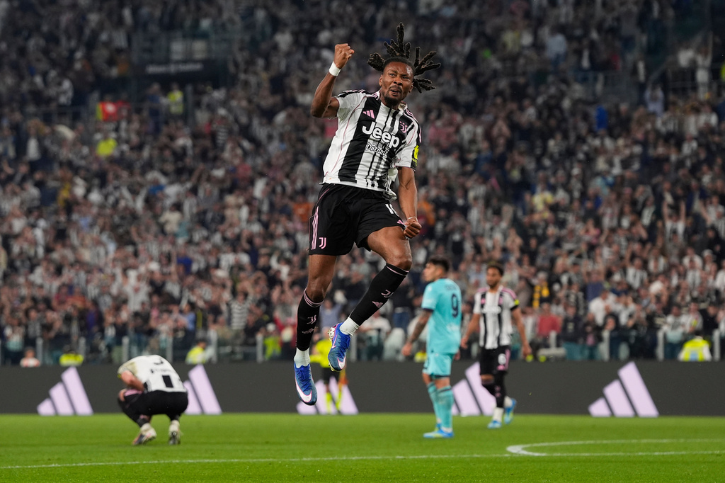 Juventus' Khephren Thuram celebrates after scoring a goal during the Serie A soccer match between Juventus Fc and Bologna, in Turin, Italy, Sunday, April 19, 2026. (Fabio Ferrari/LaPresse via AP)