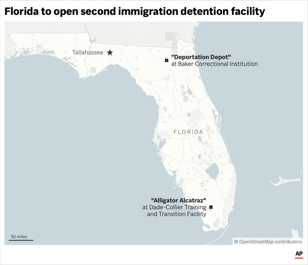 The map above locates two immigration detention facilities, "Deportation Depot" and "Alligator Alcatraz," in Florida. (AP Digital Embed)