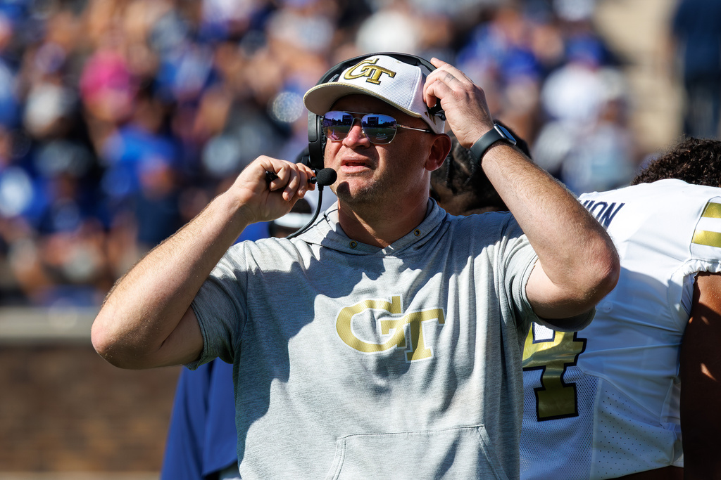 Georgia Tech head coach Brent Key walks the sidelines during an NCAA college football game against Duke in Durham, N.C., Saturday, Oct. 18, 2025. (AP Photo/Ben McKeown)