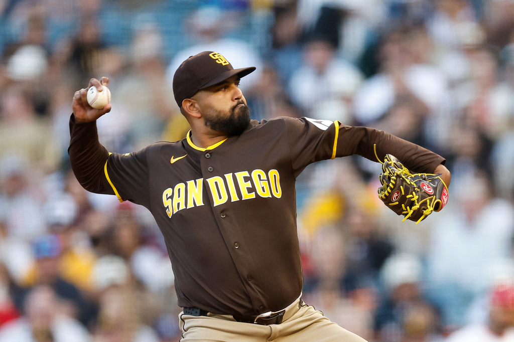 San Diego Padres starter German Marquez pitches during the first inning of a baseball game against the Los Angeles Angels, Saturday, April 18, 2026, in Anaheim, Calif. (AP Photo/Caroline Brehman)