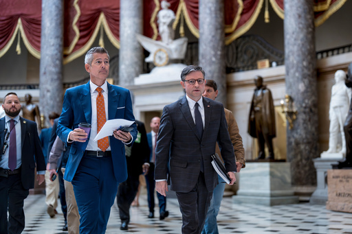 Transportation Secretary Sean Duffy, left, and Speaker of the House Mike Johnson, R-La., walk through Statuary Hall at the Capitol to a news conference on day 23 of the government shutdown, in Washington, Thursday, Oct. 23, 2025. (AP Photo/J. Scott Applewhite) Transportation Secretary Sean Duffy, left, and Speaker of the House Mike Johnson, R-La., walk through Statuary Hall at the Capitol to a news conference on day 23 of the government shutdown, in Washington, Thursday, Oct. 23, 2025. (AP Photo/J. Scott Applewhite)