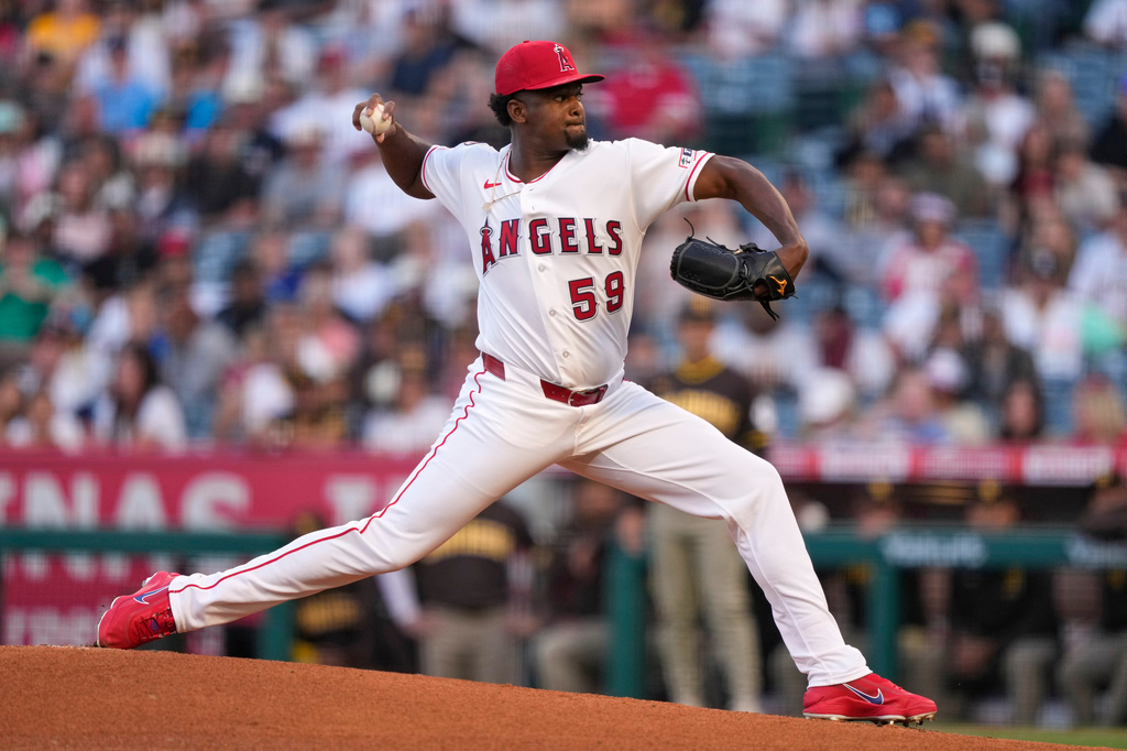 Los Angeles Angels pitcher José Soriano throws to the plate during the first inning of a baseball game against the San Diego Padres, Friday, April 17, 2026, in Anaheim, Calif. (AP Photo/Mark J. Terrill)