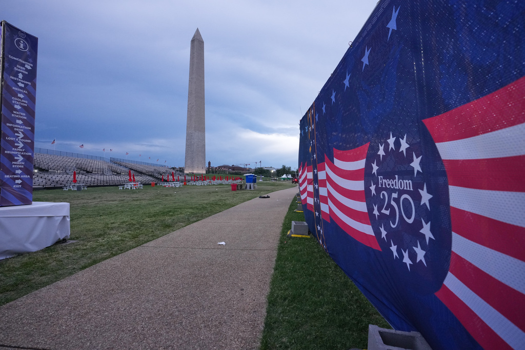 The Salute to America stage is empty after the area was evacuated because of incoming storms at the Independence Day event honoring the nation's 250th anniversary, Saturday, July 4, 2026, on the National Mall in Washington. (AP Photo/Alex Brandon)