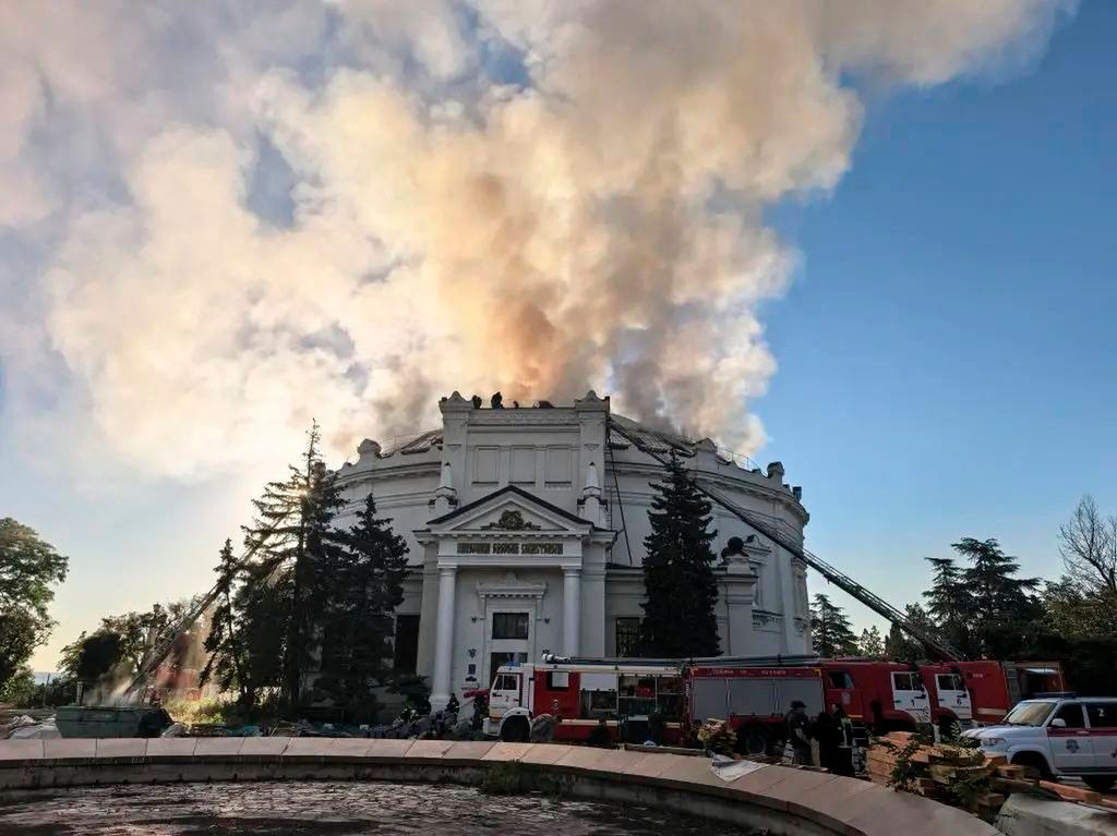 In this photo provided by Sevastopol mayor Mikhail Razvozhaev telegram channel on Wednesday, June 10, 2026, Firefighters put out a fire after a Ukrainian drone attack hit the building of "Defense of Sevastopol 1854–1855" Panorama in Sevastopol, Crimea. (Sevastopol mayor Mikhail Razvozhaev telegram channel via AP)