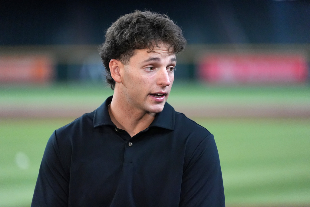 Roch Cholowski, a shortstop at UCLA, answers a question as he is interviewed at the MLB baseball combine in Phoenix, Tuesday, June 23, 2026. (AP Photo/Ross D. Franklin)
