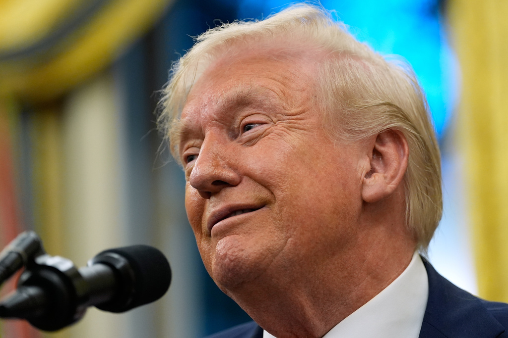 President Donald Trump speaks in the Oval Office of the White House, Friday, Oct. 10, 2025, in Washington. (AP Photo/Alex Brandon)