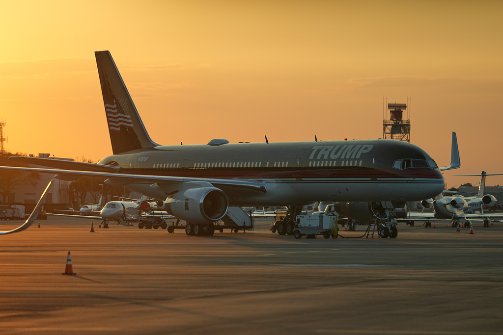 The personal plane of President Donald Trump is seen on the tarmac after Trump arrived on Air Force One, at Palm Beach International Airport in West Palm Beach, Fla., Friday, Feb. 13, 2026. (AP Photo/Matt Rourke)