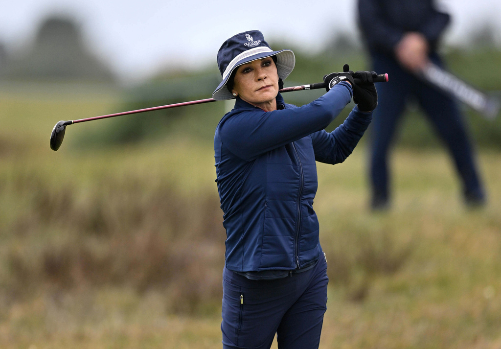 Catherine Zeta-Jones on the 16th during day one of the 2025 Alfred Dunhill Links Championship at the Carnoustie Golf Links course in Angus, Scotland, Thursday, Oct. 2, 2025. (Malcolm Mackenzie/PA via AP)