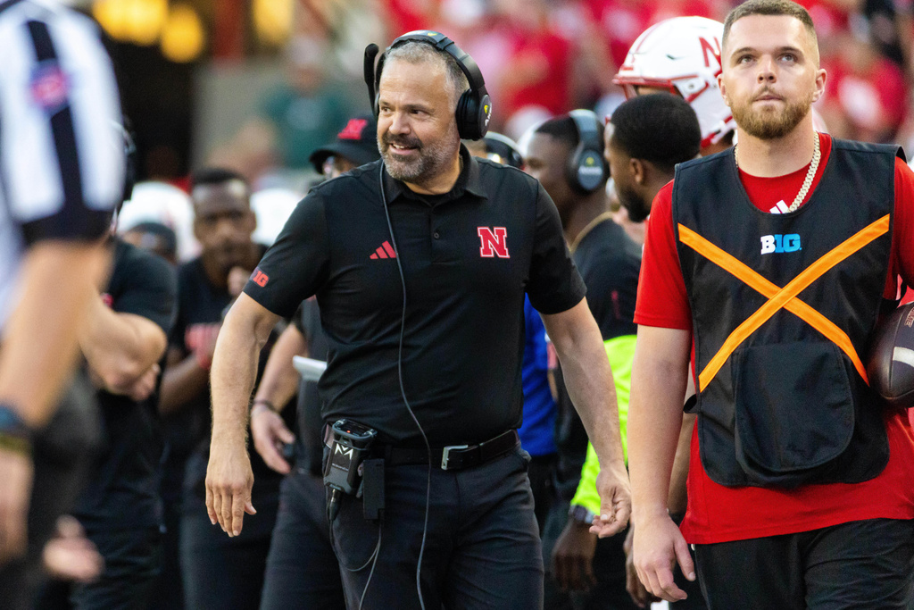 Nebraska head coach Matt Rhule is seen on the sideline during the second half of an NCAA college football game against Michigan State Saturday, Oct. 4, 2025, in Lincoln, Neb. (AP Photo/Bonnie Ryan)