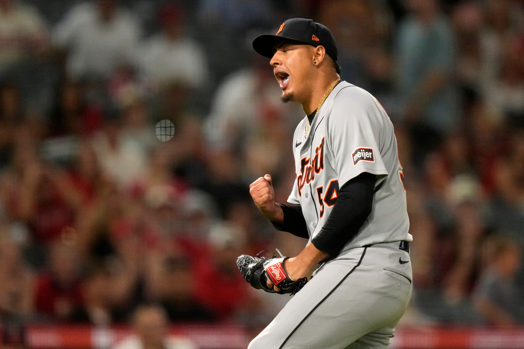 Detroit Tigers pitcher Keider Montero celebrates after Los Angeles Angels' Denzer Guzman was thrown out at first to end the game during the ninth inning of a baseball game Friday, July 17, 2026, in Anaheim, Calif. (AP Photo/Mark J. Terrill)