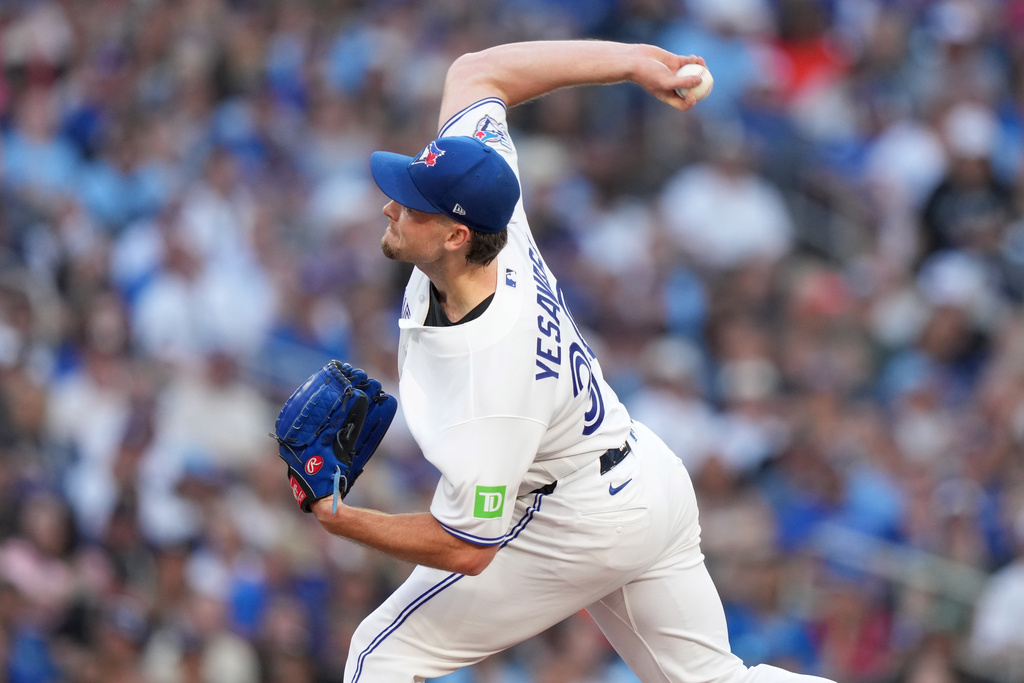 Toronto Blue Jays pitcher Trey Yesavage works against the New York Mets during the first inning of a baseball game in Toronto, Monday, June 29, 2026. (Nathan Denette/The Canadian Press via AP)