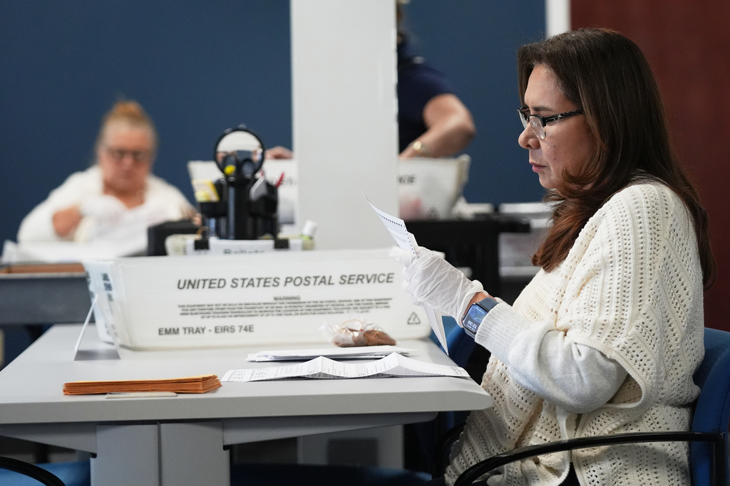 FILE - Employees sort vote-by-mail ballots from municipal elections on Election Day at the Miami-Dade County Supervisor of Elections Office, Nov. 4, 2025, in Doral, Fla. (AP Photo/Lynne Sladky, File)