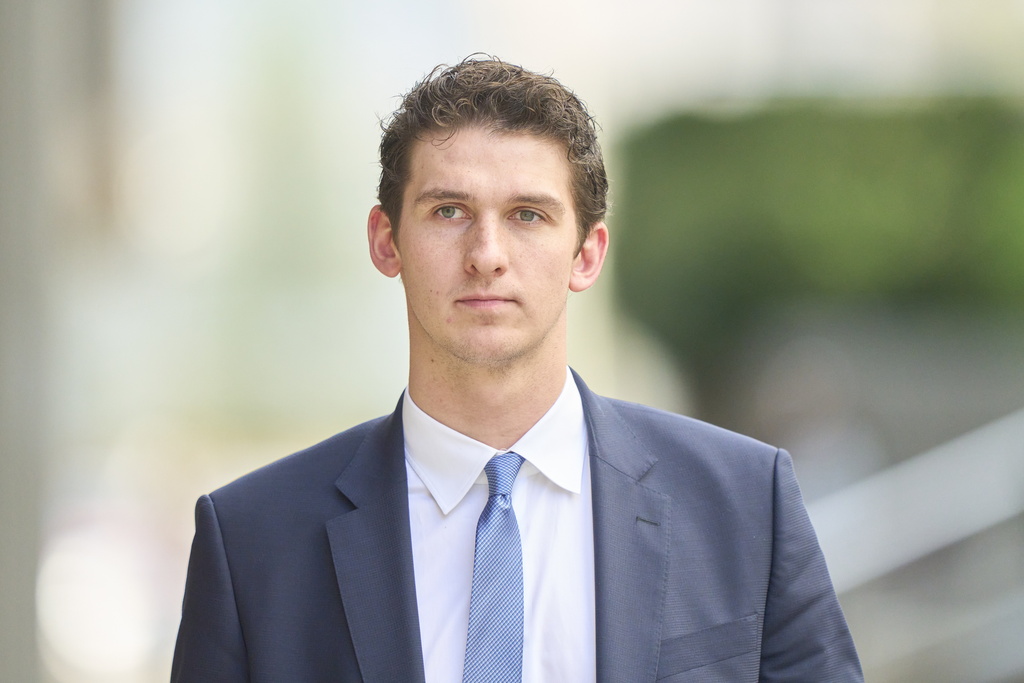 FILE - Hockey player Cal Foote leaves the London Courthouse in London, Ontario, Friday, May 2, 2025. (Geoff Robins/The Canadian Press via AP, File)
