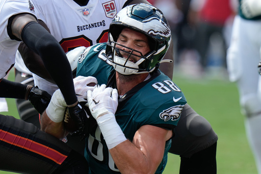 Philadelphia Eagles tight end Dallas Goedert (88) scores a touchdown during the first half of an NFL football game against the Tampa Bay Buccaneers, Sunday, Sept. 28, 2025, in Tampa, Fla. (AP Photo/Chris O'Meara) Philadelphia Eagles tight end Dallas Goedert (88) scores a touchdown during the first half of an NFL football game against the Tampa Bay Buccaneers, Sunday, Sept. 28, 2025, in Tampa, Fla. (AP Photo/Chris O'Meara)