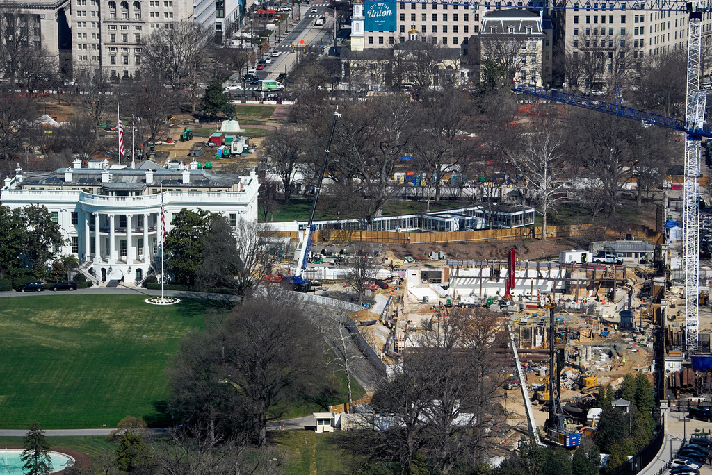FILE - As seen from the Washington Monument, construction of the White House ballroom continues, March 10, 2026, where the East Wing once stood. (AP Photo/Jacquelyn Martin, file)