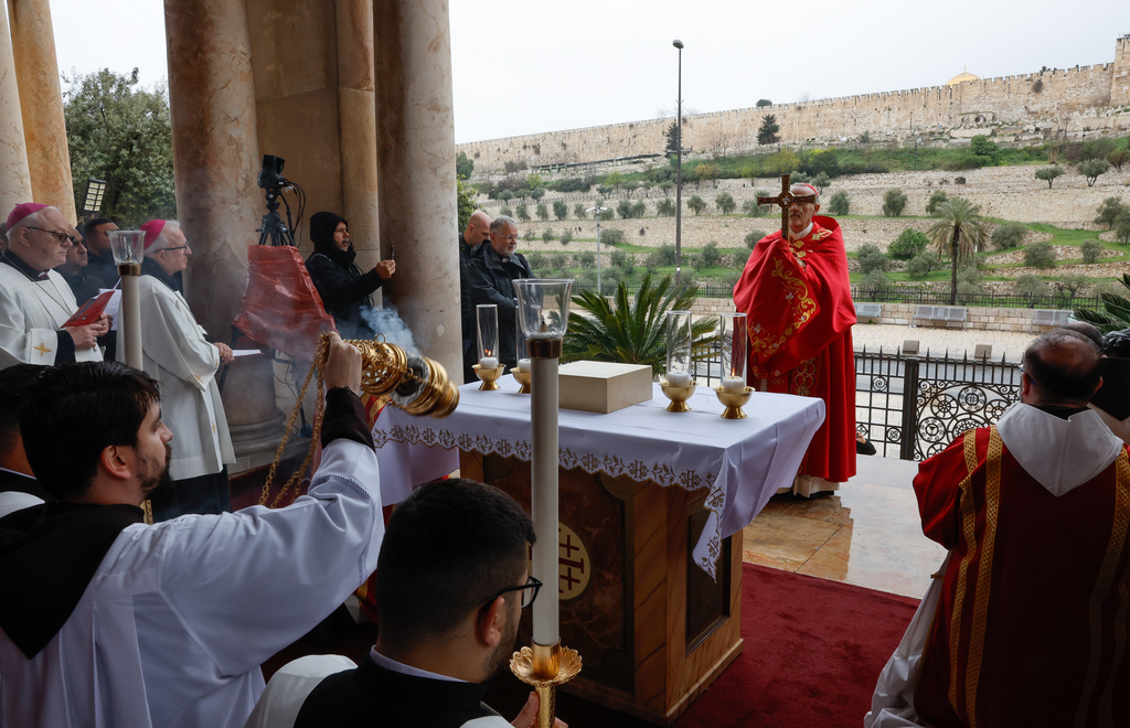 Cardinal Pierbattista Pizzaballa, the Latin Patriarch of Jerusalem, holds a prayer service to mark Palm Sunday in Jerusalem, Sunday, March 29, 2026. (Ammar Awad/Pool Photo via AP)