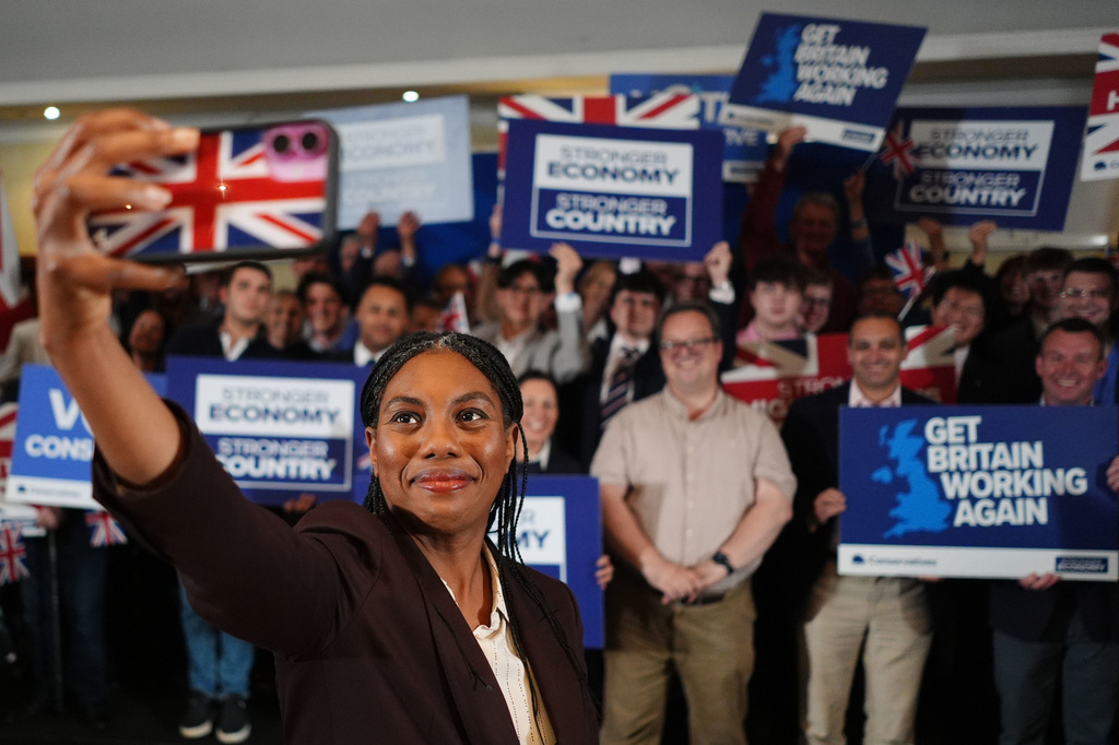 Britain's Conservative Party leader Kemi Badenoch during a rally at the National Motorcycle Museum in Solihull, England, Tuesday May 5, 2026, whilst on the campaign trail for the upcoming local elections. (Jacob King/PA via AP)