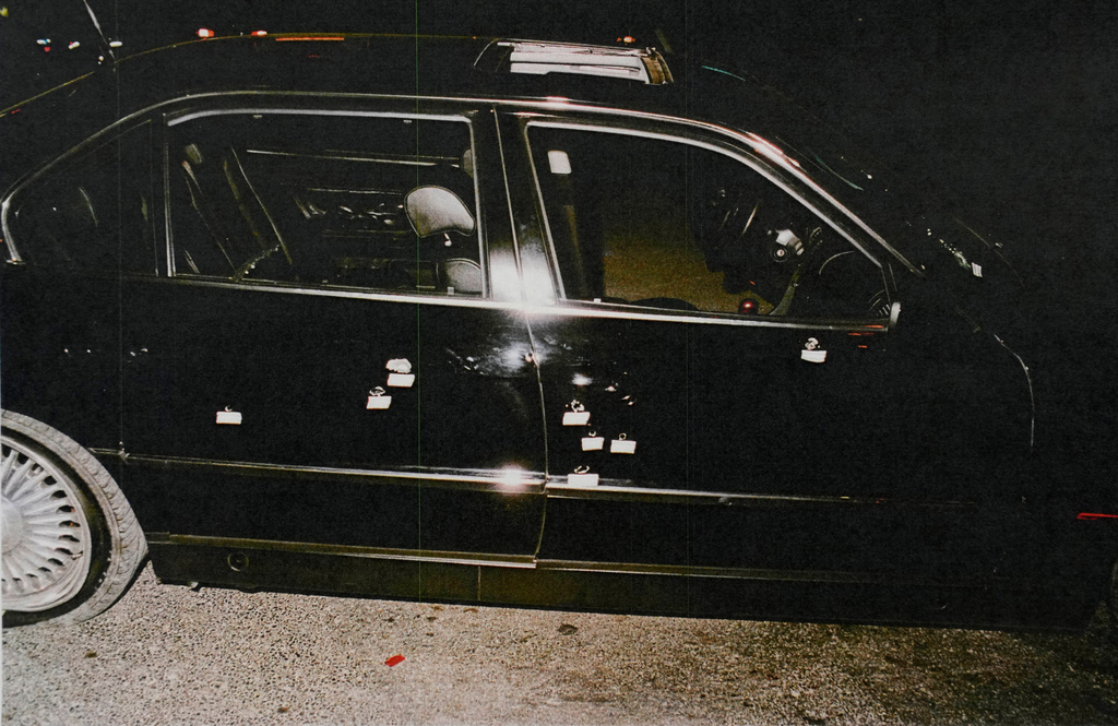 FILE - This undated photo provided by the Las Vegas Metropolitan Police Department shows the bullet-riddled car in which rapper Tupac Shakur was fatally shot in September 1996, in Las Vegas. (Las Vegas Metropolitan Police Department via AP, File)
