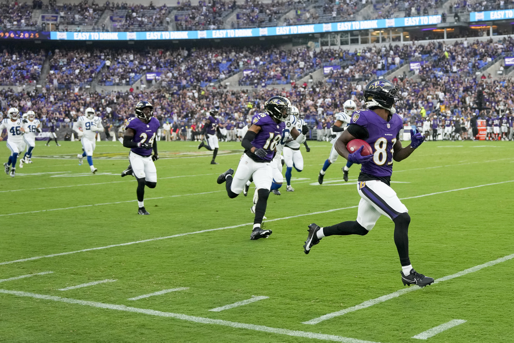 Baltimore Ravens' LaJohntay Wester returns an Indianapolis Colts punt for a touchdown during the firs half of an NFL preseason football game Thursday, Aug. 7, 2025, in Baltimore. (AP Photo/Alex Brandon)