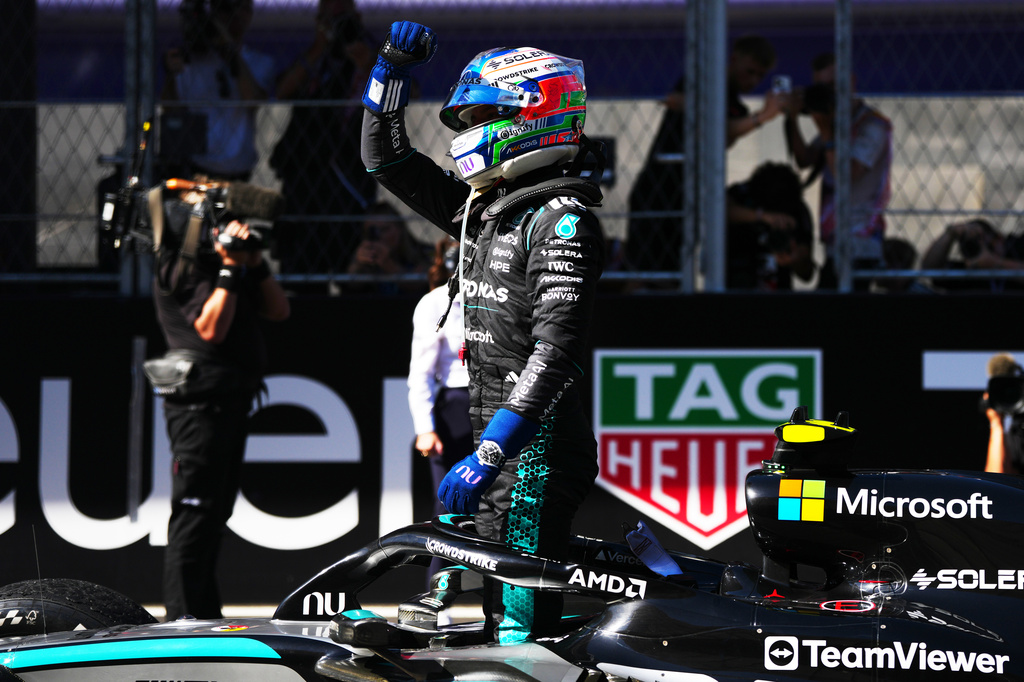 Mercedes driver Andrea Kimi Antonelli of Italy celebrates after winning the Spanish Formula One Grand Prix race in Madrid, Sunday, Sept. 13, 2026. (AP Photo/Manu Fernandez)
