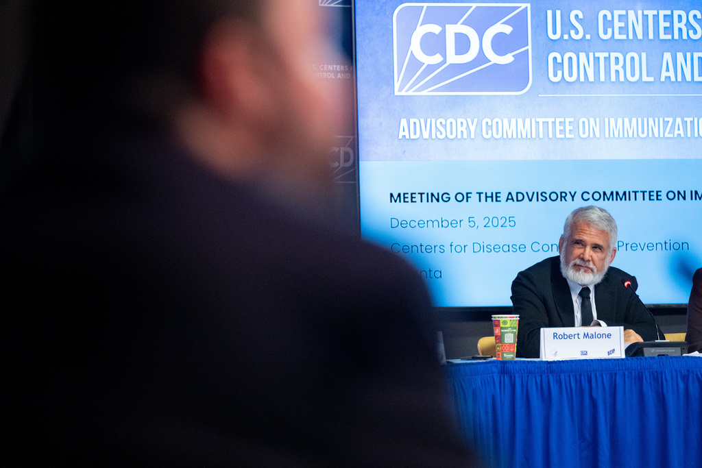 Dr. Robert Malone chairs a meeting of the CDC Advisory Committee on Immunization Practices in Atlanta on Friday, Dec. 5, 2025 to consider changes in hepatitis B vaccine recommendations for infants. (AP Photo/Ben Gray)