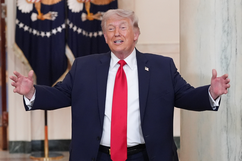 President Donald Trump gestures after speaking about the Iran war from the Cross Hall of the White House on Wednesday, April 1, 2026, in Washington. (AP Photo/Alex Brandon, Pool)