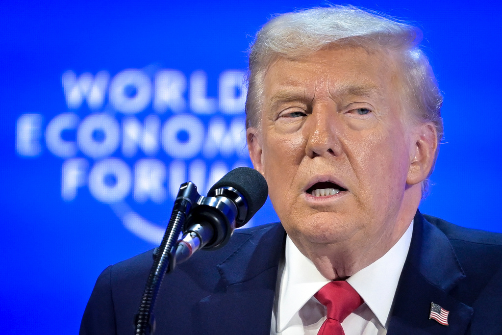 President Donald Trump speaks during the 56th annual meeting of the World Economic Forum, WEF, in Davos, Switzerland, Wednesday, Jan. 21, 2026. (Gian Ehrenzeller/Keystone via AP)