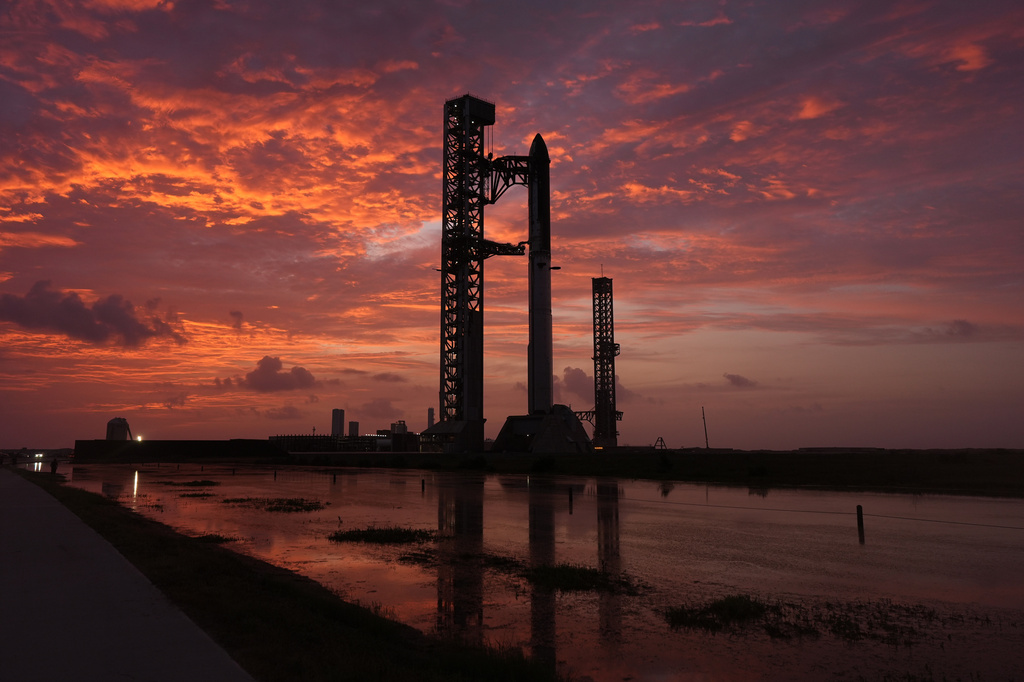SpaceX's mega rocket Starship is prepared for a test flight from Starbase, Texas, Thursday, July 16, 2026. (AP Photo/Eric Gay)