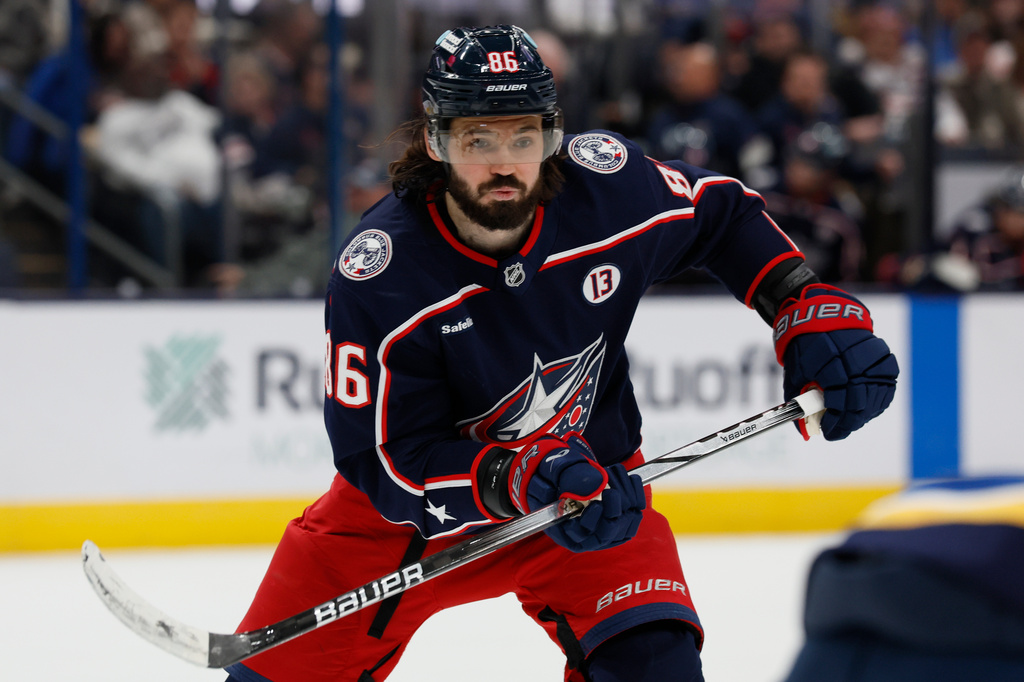 FILE - Columbus Blue Jackets' Kirill Marchenko plays against the St. Louis Blues during an NHL hockey game on Jan. 4, 2025, in Columbus, Ohio. (AP Photo/Jay LaPrete, File)