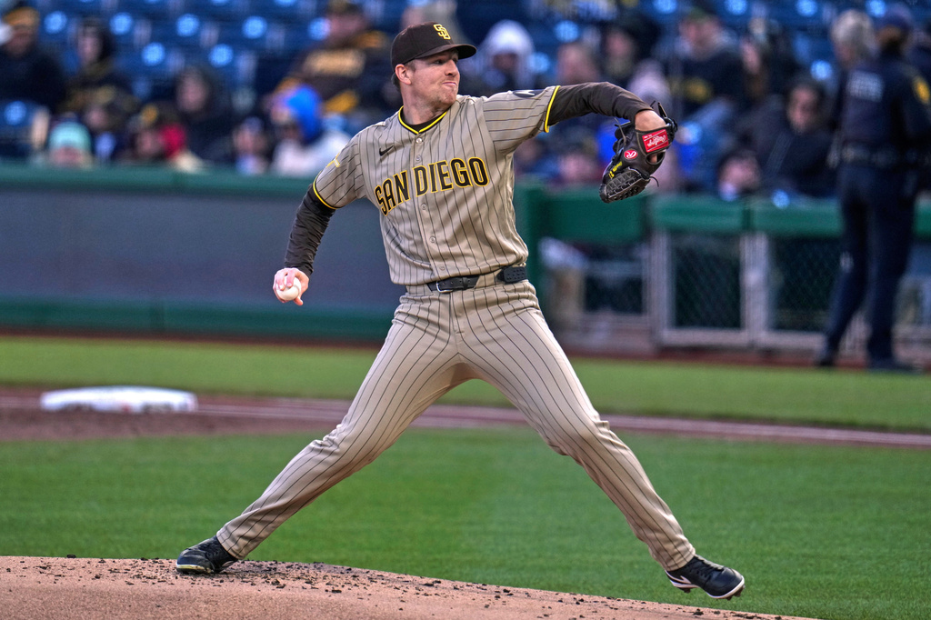 San Diego Padres pitcher Nick Pivetta delivers during the first inning of a baseball game against the Pittsburgh Pirates in Pittsburgh, Tuesday, April 7, 2026. (AP Photo/Gene J. Puskar)