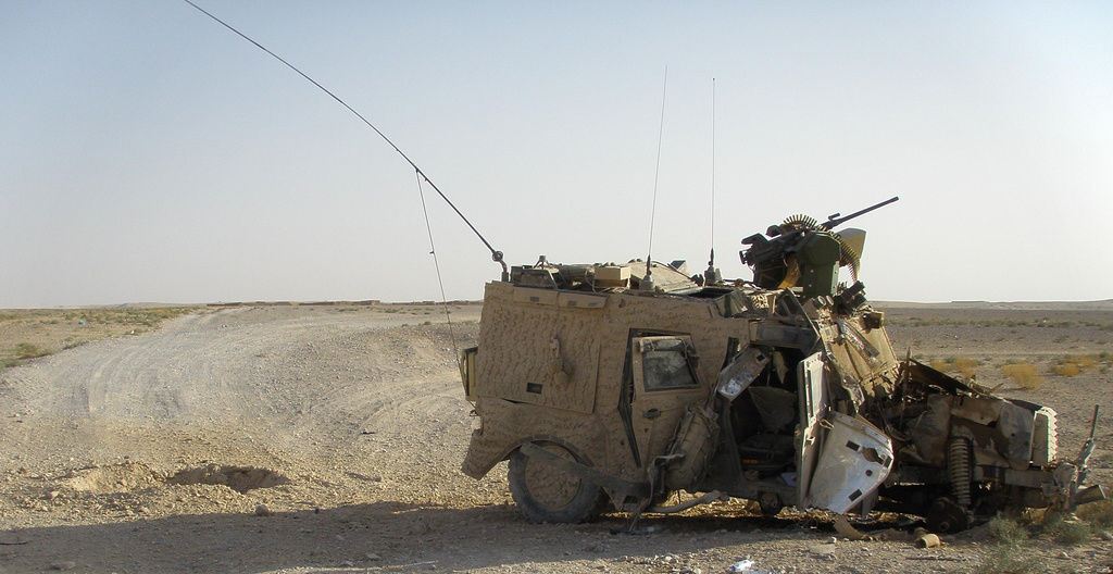 This photo, provided by Martin Tamm Andersen, a former Platoon Leader of the US Marines, shows a destroyed Army vehicle in Helmand Province, Afghanistan, Aug. 19, 2010. (Martin Tamm Andersen via AP)